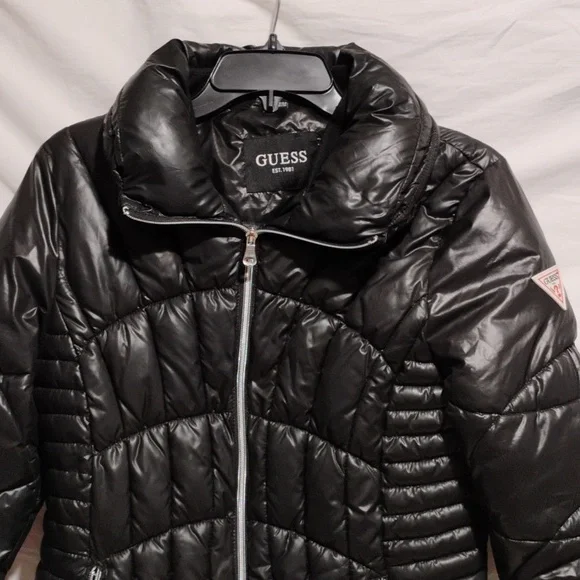 Guess Black Puffer Coat W Silver Detail Sz.M Gently Worn - Picture 2 of 15